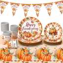 GOOD FEEL KING Friendsgiving Party Decorations, Thanksgiving Plates, Cups, Napkins, Tablecloth, Banner, Pumpkin Maple Leaf Pattern, Orange, Red, Brown