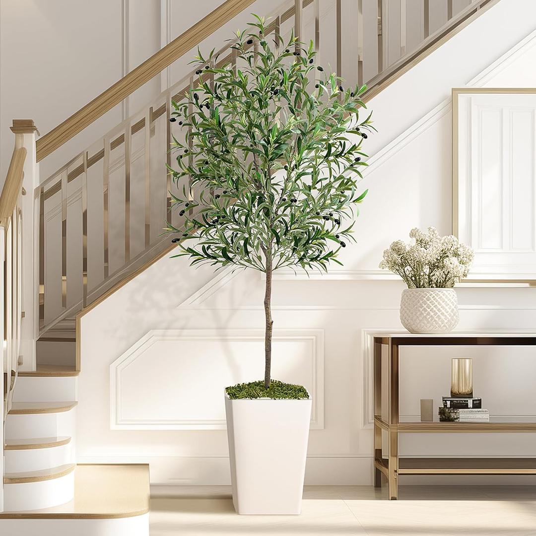 Olive Trees Artificial Indoor 6ft, Tall Faux Silk Plant with Pot, Realistic Leaves and Natural Wood Trunk Fake Trees with Lifelike Fruits for Home Office Decor Bedroom Livingroom Entryway Housewarming