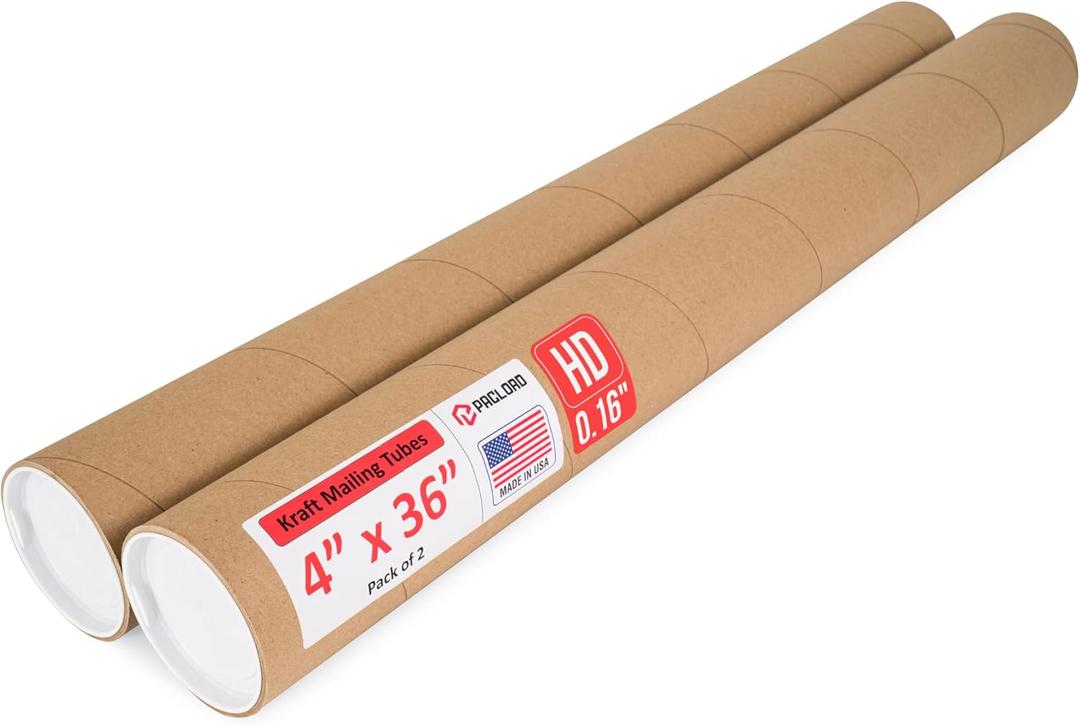 4" x 36" Heavy-Duty Reinforced Cardboard Mailing Tube, Pack of 2 Tubes with 4 Caps  Secure USPS Approved  Great for Shipping and Storing of Prints, Artwork, Posters or Documents