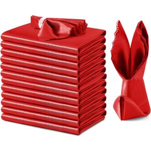 VACVELT Red Satin Napkins, 12 Pack, 17x17 Inch Wedding Elegant Dinner Square Napkins Scalloped Decor Silky Satin Cloth for Restaurant Banquet Graduation Party