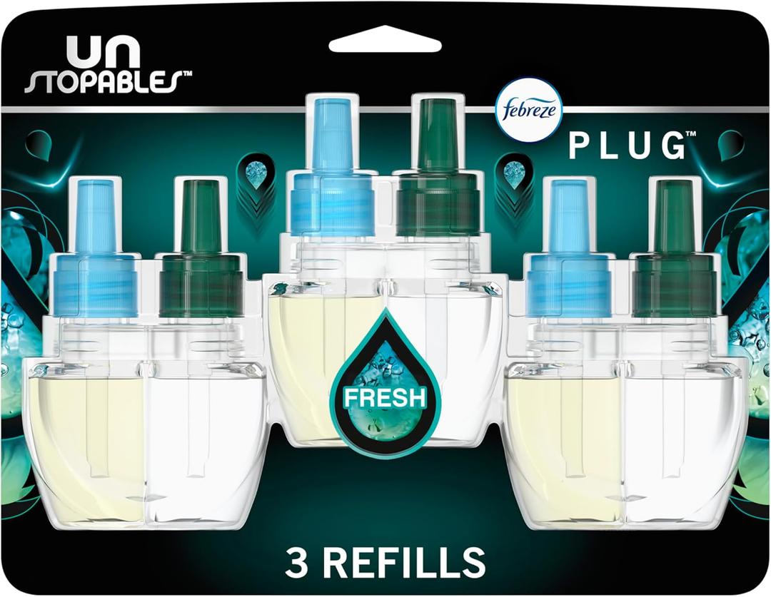 Febreze Plug-in Air Freshener, Odor-Fighting Scented Oil Refill, Air Fresheners for Home, Bathroom and Kitchen, Long Lasting, Unstopables Fresh Scent, 0.87oz Refills, Multi Color, 4 Count