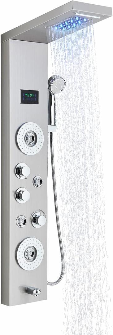 Shower Panel System Rainfall Waterfall Shower Head with Body Jets & Hand Shower Stainless Steel Bathroom Shower Panel Tower System Brushed Nickel