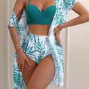 3Piece Bikini Set for Woemen High Waist Swimsuit with Cover UP Women Beach Vacation Swimwear(Green,X-Large)