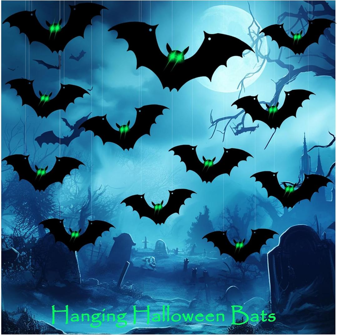 Hanging Bats Halloween Decorations, 12Pcs Halloween Bats with Night Auto-On/Off, Scary Green LED Eyes 3D Bat Wall Decor, Light Up Bat 3 Modes, Outdoor and Indoor Tree Yard Party Decor