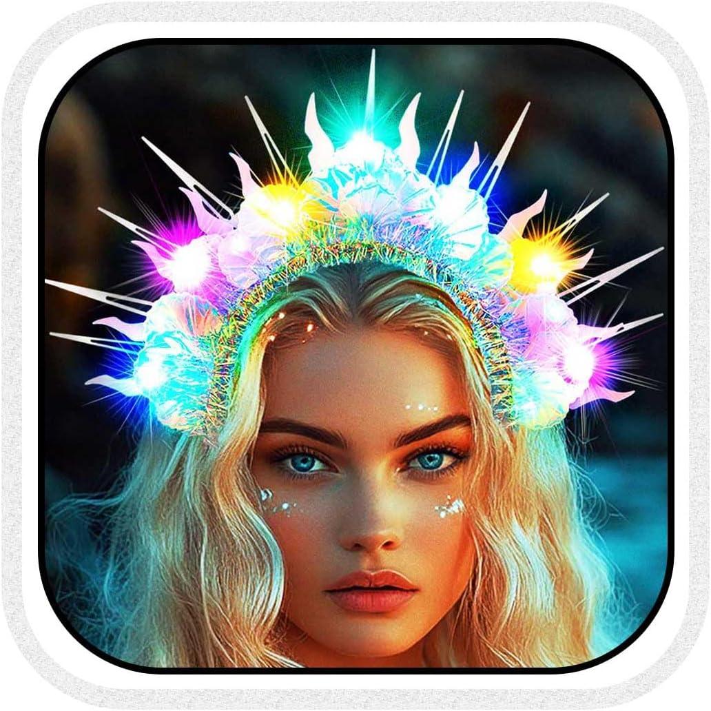 Light Up Headband LED Glowing Headbands Shell Halo Crown Headpieces Rave Party Hair Accessories for Women and Girls, Blue (Blue)