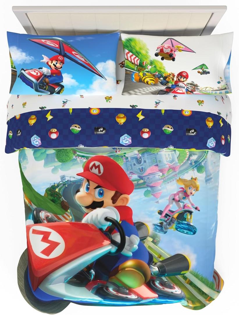 Super Mario Kart Game Kids Bedding Set, Full Size, 5-Piece Super Soft Cozy Reversible Comforter & Sheet Set (Officially Licensed Product) by Franco | Durable, Reversible, Officially Licensed