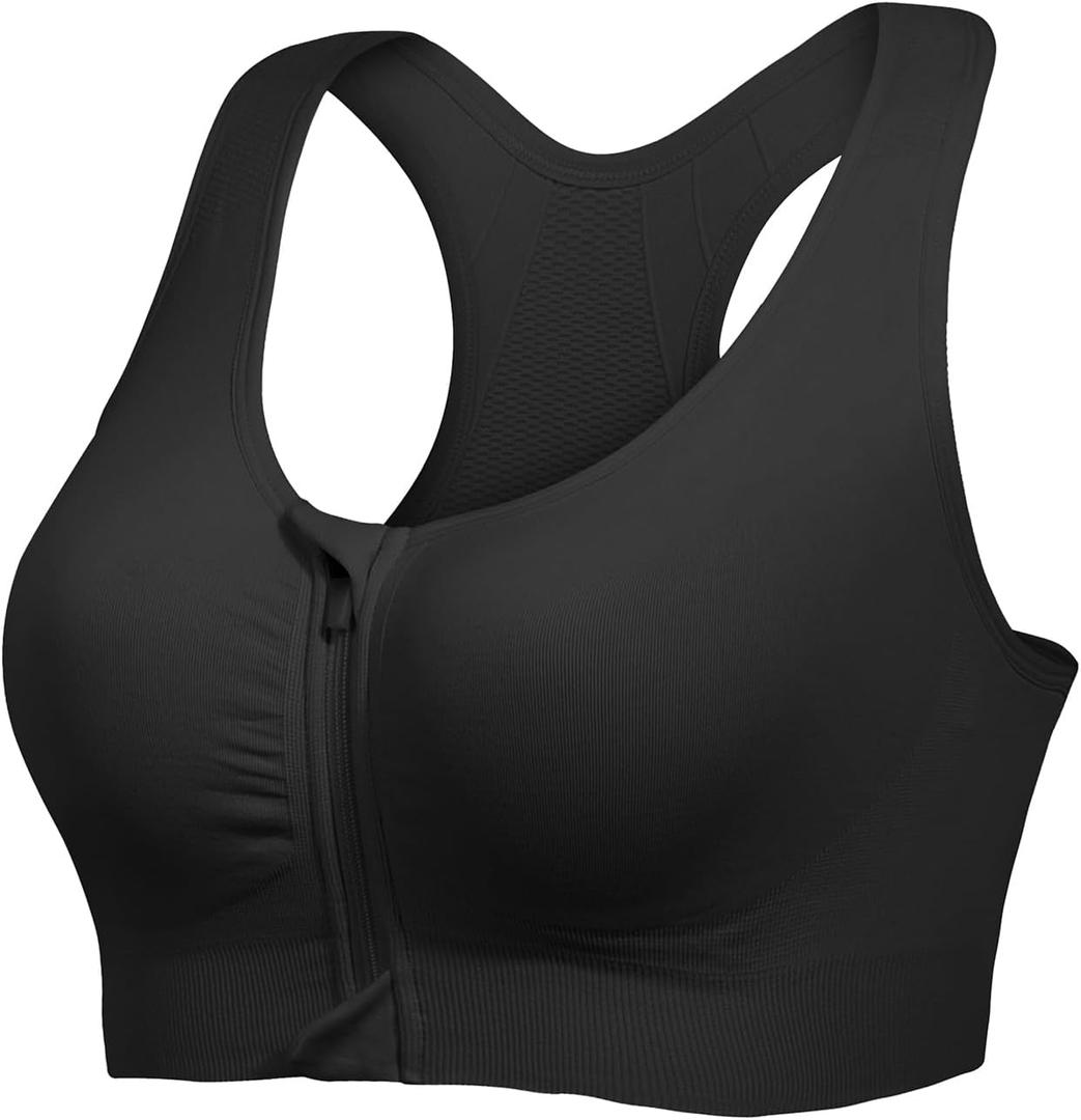 Lemef Front Zipper Sports Bras for Women Wirefree Post Surgery Bra Front Closure Racerback Compression Mastectomy Bras Black M