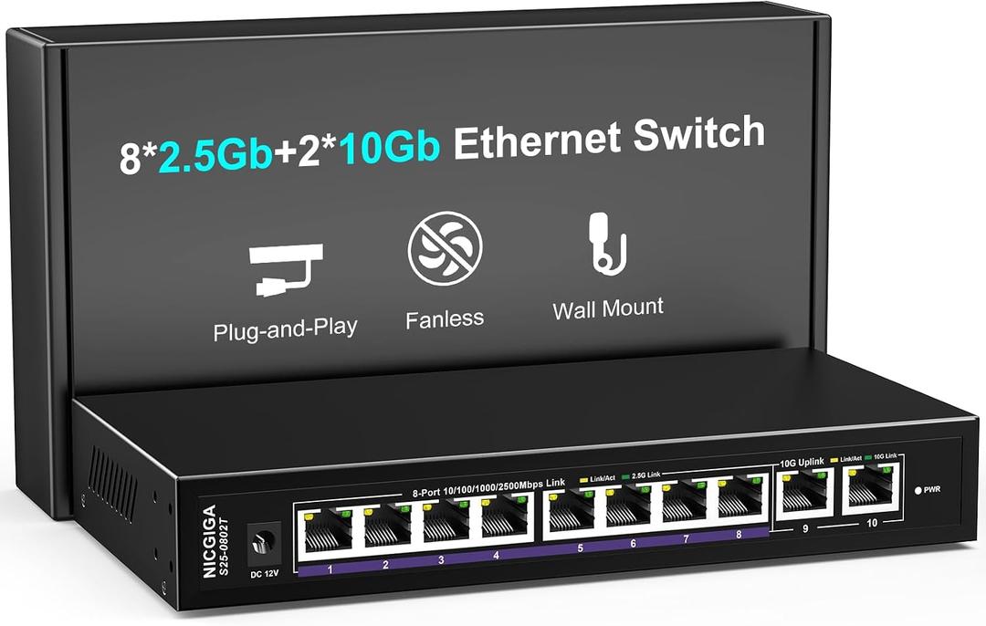 10Gbe Ethernet Switch Unmanaged with 2 x 10Gb RJ45 Ports 8 x 2.5Gb Base-T Ports, Desktop/Wall Mount NICGIGA 10 Port 10Gbps Network Switch for Wireless AP, NAS, PC