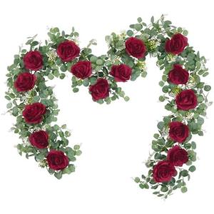 Dolicer 2Pcs 13Ft Artificial Eucalyptus Garlands with Flowers - 8 Roses, Faux Floral Greenery Garlands Fake Flowers Vines for Wedding Table Centerpieces Arch Party Ceremony Backdrop Decor (Red)