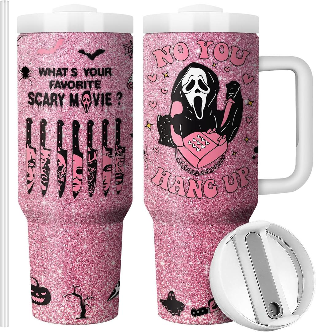Halloween Scary Mask Tumbler with Lid and Straw 40oz Stainless Steel Travel Coffee Mug Horror Theme Double Wall Insulated Cup Funny Gift for Women Men (Pack of 1)
