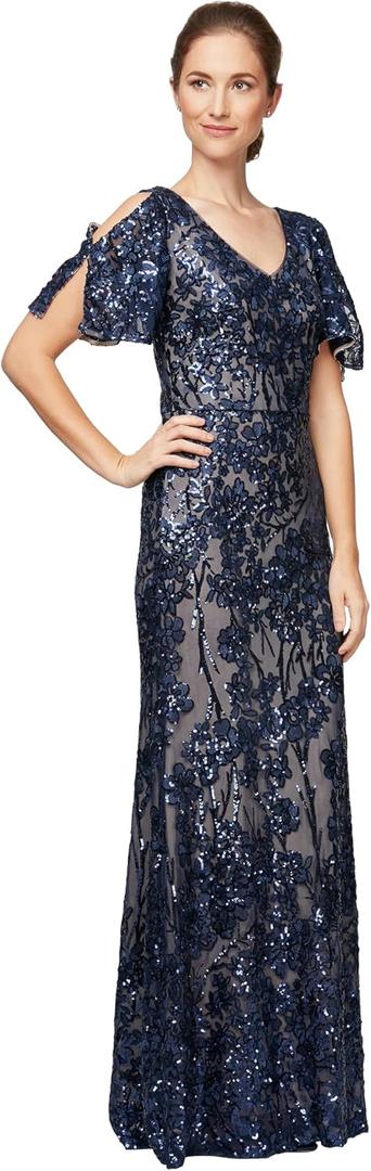 Alex Evenings Women's Long Mother of The Bride Sequin Dress with Cold Shoulder Flutter Sleeves (Blue) Navy/Nude Flutter Sleeve, 6P