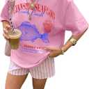 Women's Letter Graphic Tees Short Sleeve Crew Neck Loose T Shirt Drop Shoulder Casual Tops (Pink, XS)