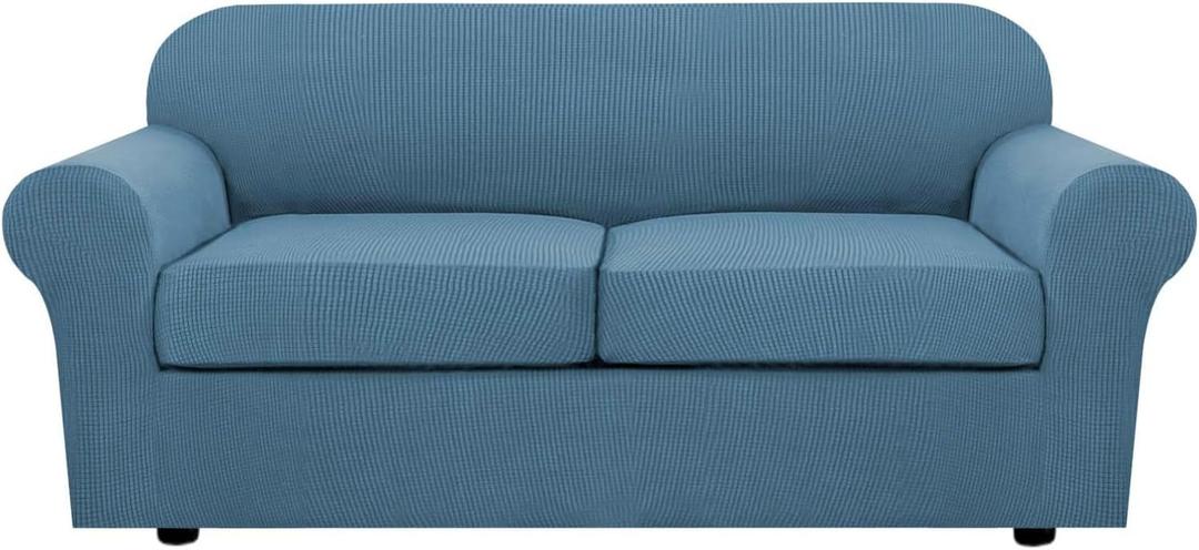 H.VERSAILTEX 3 Piece Stretch Sofa Covers for 2 Cushion Sofa Couch Covers for Living Room Furniture Cover (Base Cover Plus 2 Seat Cushion Covers) Thicker Jacquard Fabric(Large Sofa, Dusty Blue) (Medium-XL)
