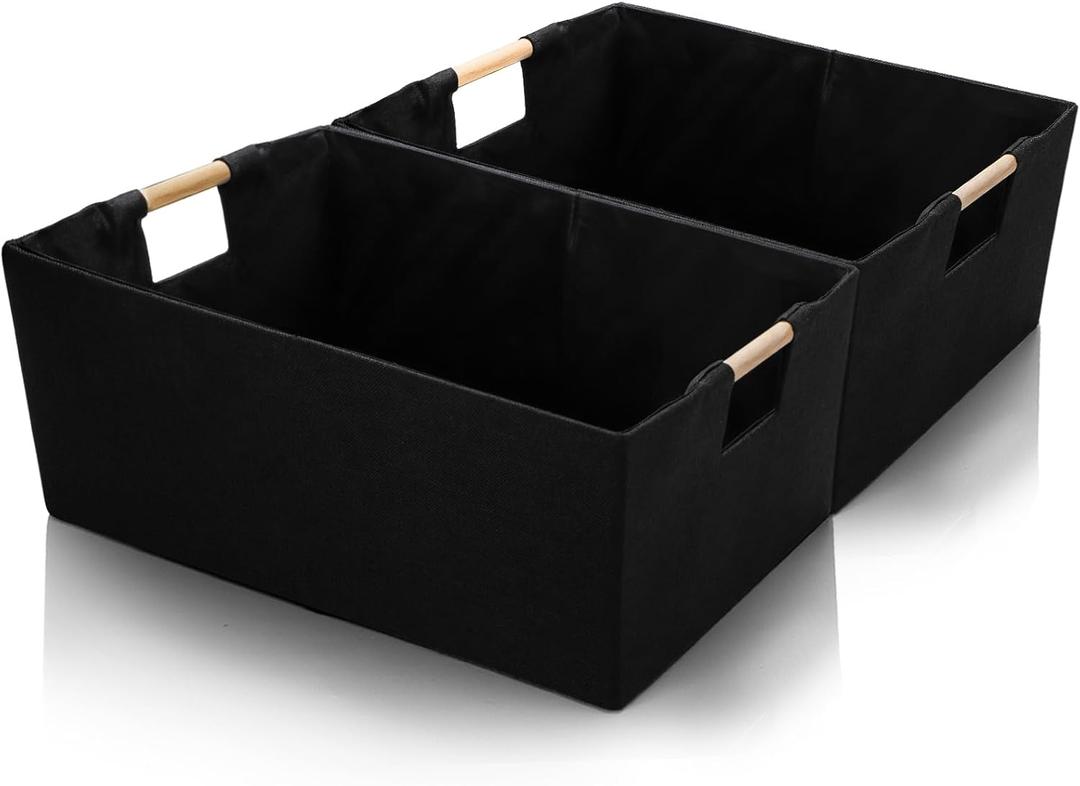 ZOOFOX Set of 2 Black Storage Baskets, Closet Storage Bins with Wooden Handles, Foldable Rectangular Storage Baskets for Shelves, Closets, Home, Office