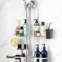 Adjustable Shower Caddy Hanging for Handheld Showerheads - Upgraded Never Rust Shower Hanging Organizer, Bathroom Shower Rack with Soap Basket, Hooks and Toothbrush Holder (Shiny Silver)