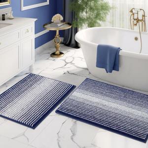 BSICPRO Bathroom Rugs and Mats Sets, 2 Piece Thick Absorbent Chenille Bath Mat Rug Set Non Slip, Soft Shaggy Bath Room Floor Mats for Bathroom, Machine Washable (20" x 32" Plus 16" x 24", Navy)