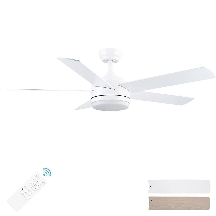 52 Inch White Ceiling Fan with Light and Remote Control.Noiseless,Dimmable,3CCT,6 Speeds Reversible, DC Ceiling Fans for Indoor or Covered Outdoor