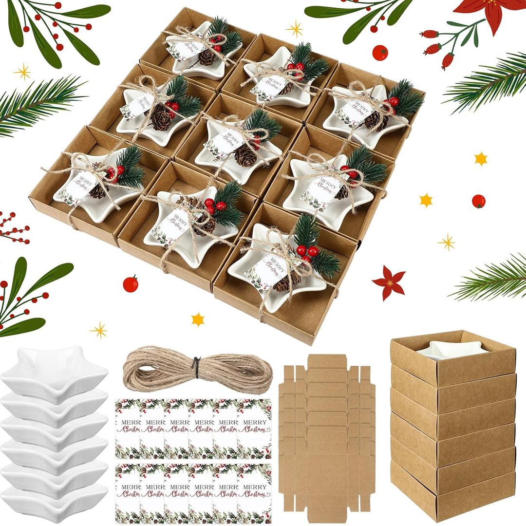 Bokon 12 Set 3 oz Dipping Sauce Dishes Christmas Ceramic Bowl Gifts Include 12pcs Sushi Soy Sauce Dish Dipping Bowls Star Pinch Bowls and 12pcs Yule Card with Box for Christmas Neighbor Teacher Gift