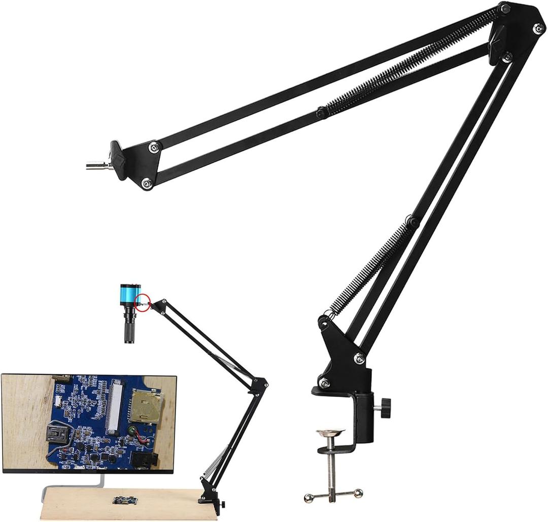 Microscope Arm Stand, 360 Degree Adjustable Metal Bracket with Clamp, 40mm 42mm Flexible Mount for Industrial Camera, Foldable Lens Bracket with Fixed Ring, 700mm Max Height