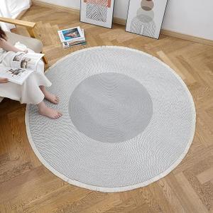 Handwoven 4ft Round Cotton Rope Rug with Tassel Trim – Washable Boho Braided Circle Rug for Living Room, Bedroom, Nursery – Soft Gray, Durable & Natural