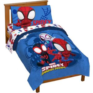 Jay Franco Marvel Spidey and His Amazing Friends Team Spidey 4 Piece Toddler Size Bed Set  Super Soft Microfiber - Includes Comforter & Sheet Set Bedding (Official Marvel Product)
