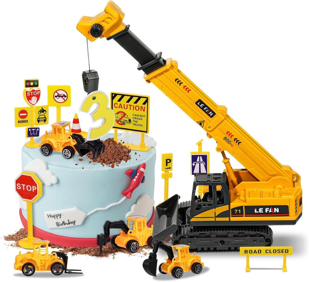 RAYNAG 16 Pieces Construction Cake Topper Vehicles Cake Decoration Set Construction Birthday Party Supplies Large Crane Excavator Traffic Road Sign Cake Topper for Birthday Party Supplies Favours
