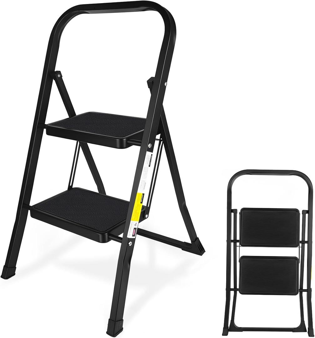 2 Step Stool, Folding Step Stool - Capacity with Wide Anti-Slip Pedal, Portable Steps Stool for Adults Multi-Use for Household, Kitchen, Office (Matte Black)