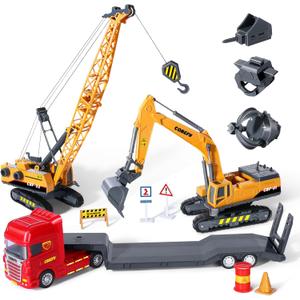 Kids Construction Toys for Boys, Playset of Excavator Toy, Crane Toy & Semi Truck Toy Tractor Lowboy Trailer, Construction Trucks for Toddler, Ideal Birthday Party Favor Gift for 3 Years Old and Up