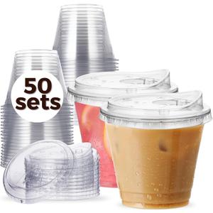 9 oz Clear Plastic Cups with Strawless-Sip-Lids, 50 Sets Disposable Cups Plastic Iced Coffee Cups, To Go Cups with Sip Through Lids for Smoothie, Milkshake, Cold Drinks for Party, Wedding, Event