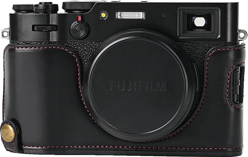 X100 Case, BMAOLLONGB Handmade PU Leather Half Camera Case Bag Cover Bottom Opening Version for Fujifilm X100 with Hand Strap (Black)