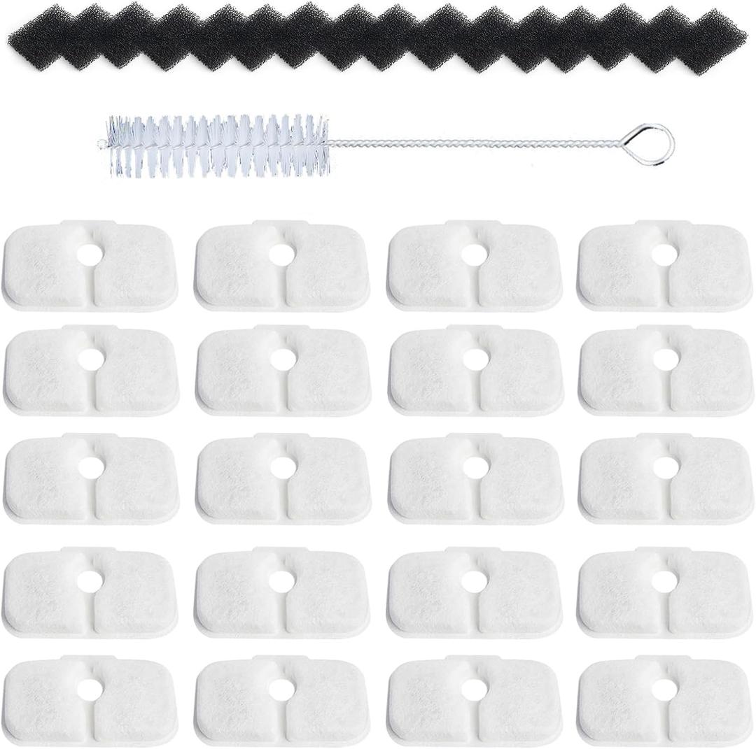 20 Pack Fountain Replacement Filters & 20 Pack Pre-Filter Sponges and a Cleaning Brush for PETLIBRO Dockstream Cat Water Fountain PLWF005, PLWF105, PLWF115.