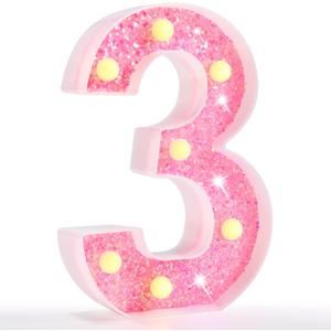 Pooqla Marquee Numbers Lights, light up Numbers Battery Powered, Glitter Lighted Numbers for Girls 3rd Birthday Party, Shiny LED Numbers for Christmas Wedding Home Bar Decoration, Pink Number 3
