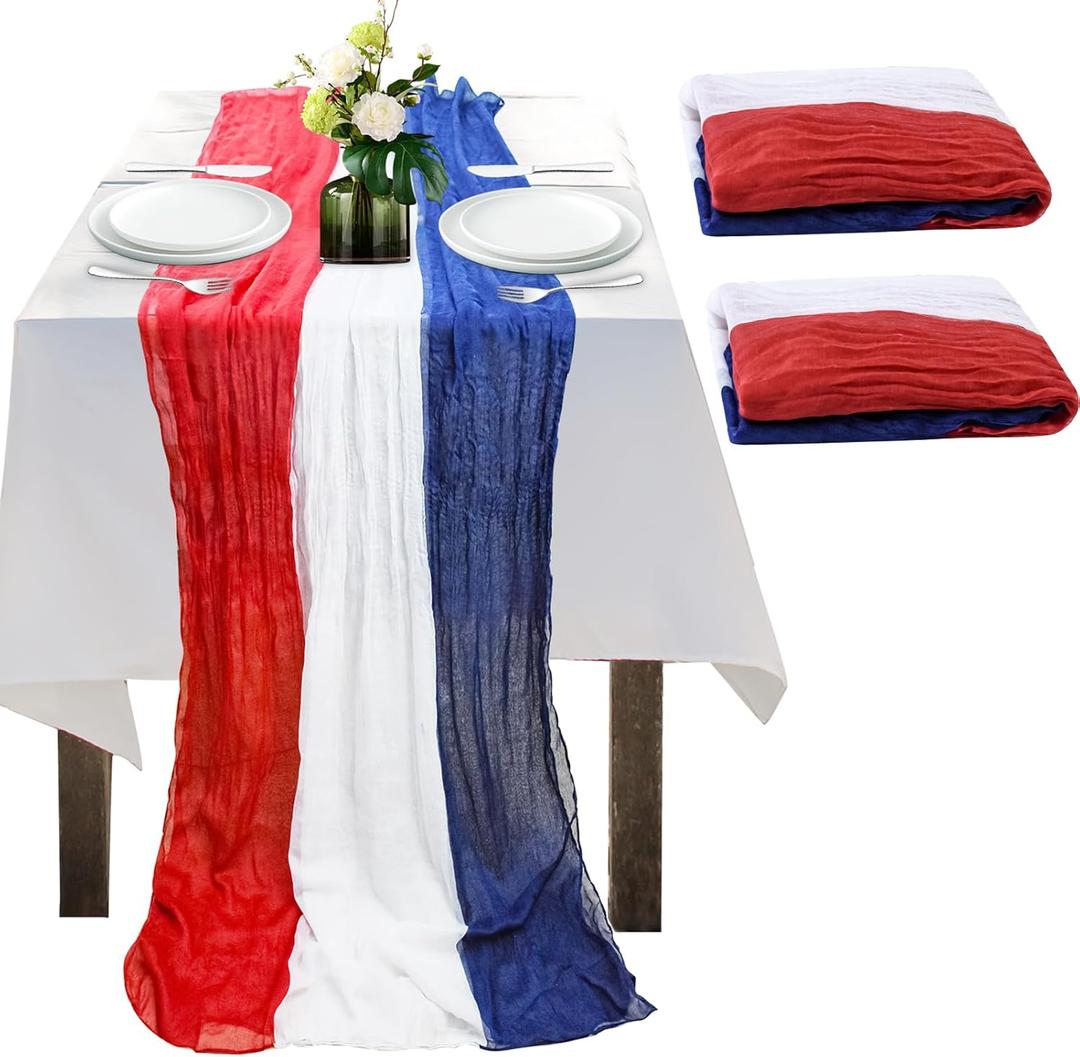 2PCS 4th of July Table Runner,Vintage Red White and Blue Table Runner Cheesecloth for Memorial Day Labor Day Independence Day Veterans Day Patriotic Party Decoration for Indoor Outdoor 118Inch