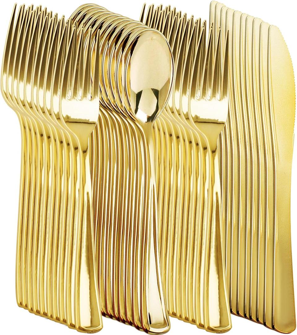 NOCCUR 400PCS Gold Silverware Disposable - Gold Plastic Silverware - Gold Plastic Cutlery Include 200 Forks, 100 Spoons, 100 Knives, Gold Disposable Silverware Perfect for Party&Daily Using