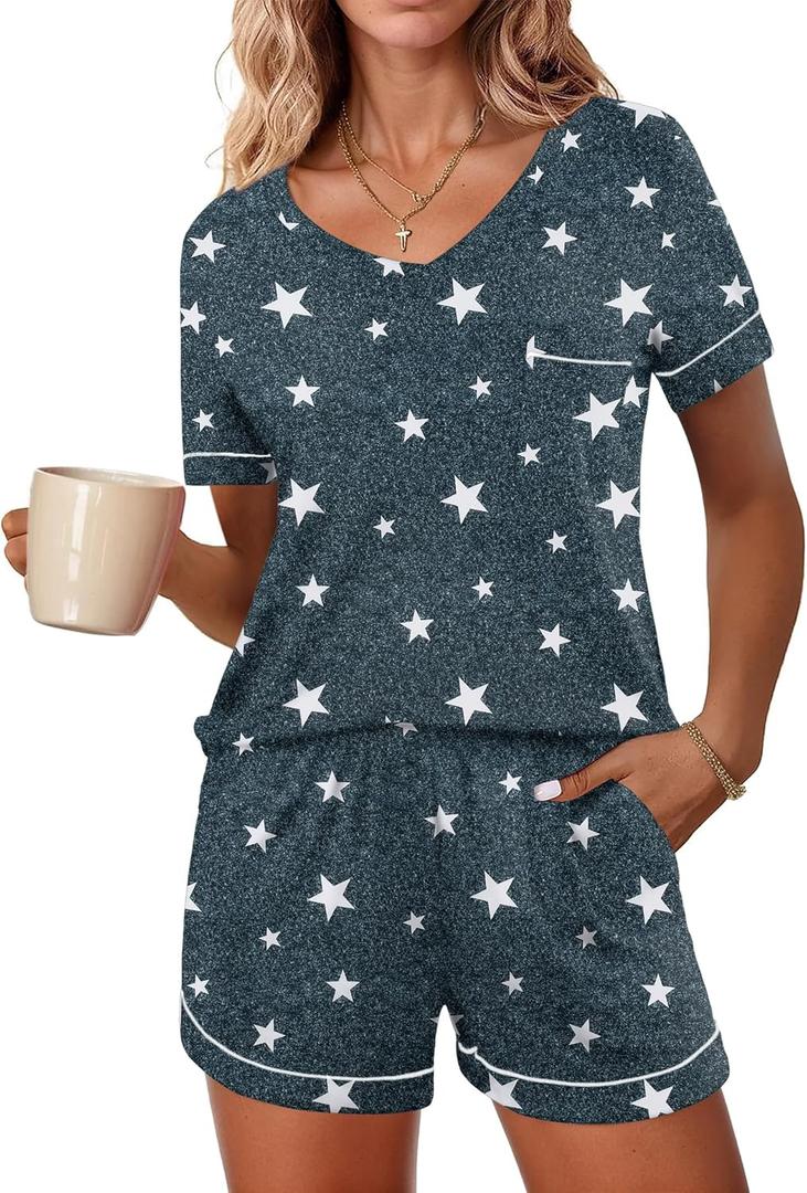 Ekouaer Pajamas Set for Women 2 Piece Short Sleeve Sleepwear Soft V Neck Tops and Shorts Pjs Lounge Set with Pocket XXL