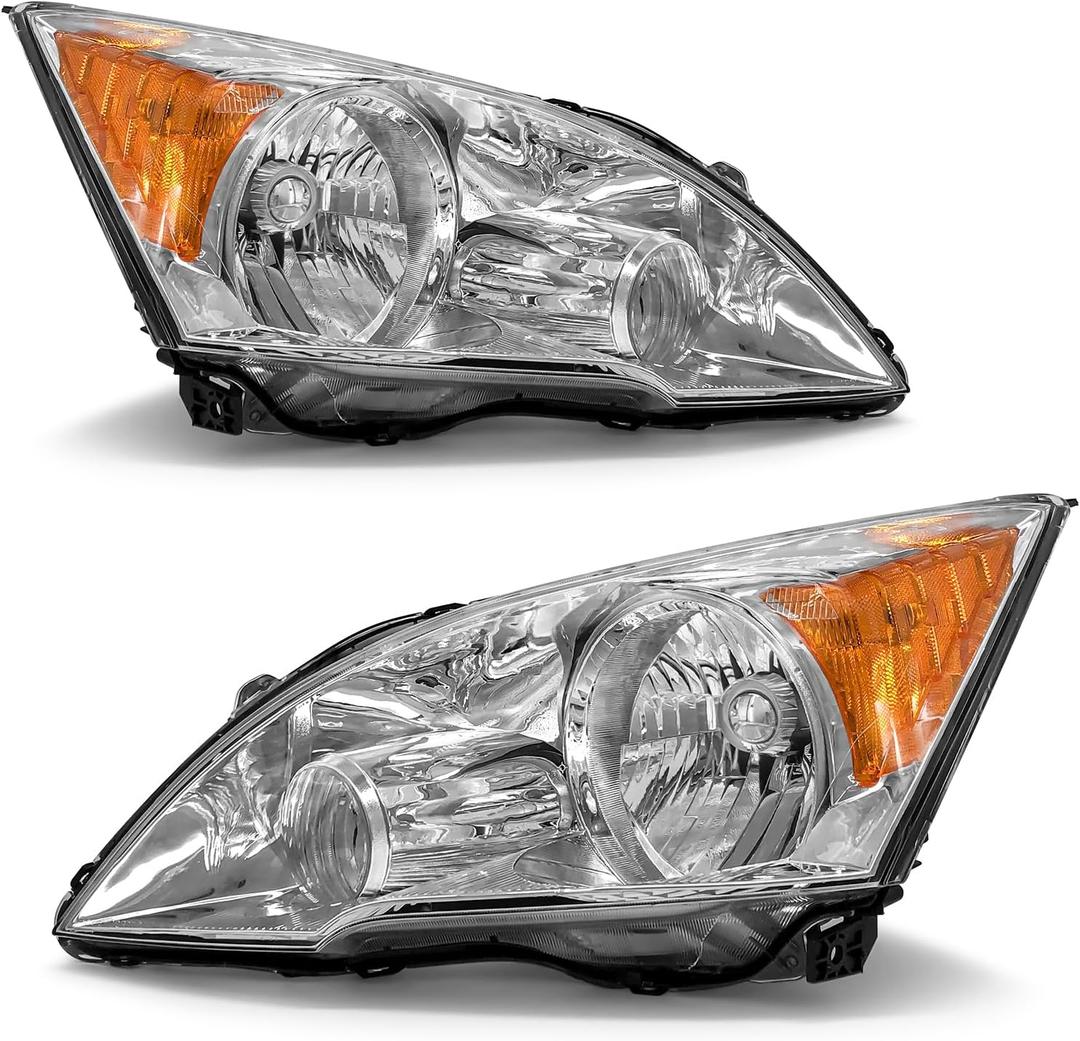 Headlight Compatible with Honda CR-V 2007 2008 2009 2010 2011 Headlamp with Chrome Housing Amber Reflector Replacement Pair (Chrome Housing Amber Reflector Clear Lens)