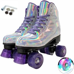 Roller Skates for Women, Holographic High Top PU Leather Rollerskates, Shiny Double-Row Four Wheels Skates Patines for Women Men Boys and Girls and Age 8-50 Indoor Outdoor (37)