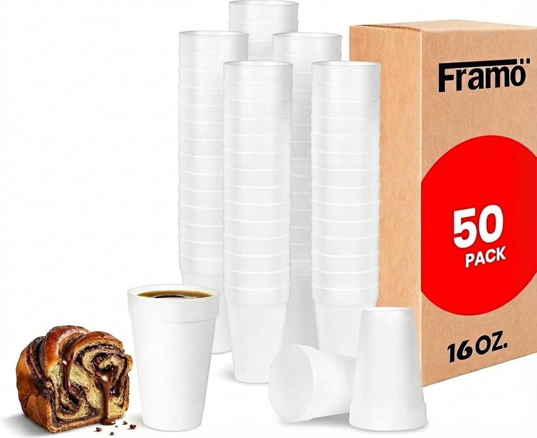 16 oz Insulated Foam Cups [50 Pack] Disposable Coffee Cups for Hot & Cold Drinks, Lightweight White Drinkware for Home, Office, Church, Catering, Parties, BBQ, Events, & Breakrooms