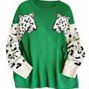 WDIRARA Women's Plus Size Leopard Tiger Print Sweater Crew Neck Long Sleeve Fuzzy Knitted Pullover Top Green Large Plus