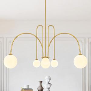 Gold Sputnik Chandelier,6 Lights Modern Chandelier for Dining Room Mid Century Chandelier Large L49 Ceiling Pendant Light Fixtures with Milk Glass Globe Shades for High Ceiling Foyer Living Room