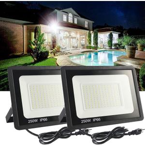 2Pack LED Flood Light Outdoor,250W Flood Light 26500lmwith 6FT US Plug,IP66 Waterproof Exterior Security Lights,6000K Daylight White Outside Floodlights Slim Design for Playground Yard