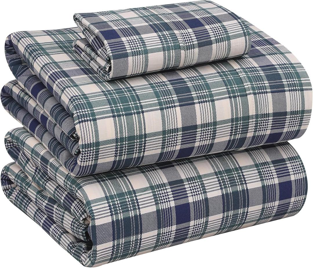 RUVANTI 100% Cotton Sheets  Twin XL Size Percale Bedding, Cooling & Breathable Floral Design, Durable with a Crisp, Soft & Comfortable Feel, 16" Deep Pocket, 3-Piece Set, Greenish Blue Plaid