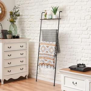 Blanket Ladder Holder for Living Room Farmhouse Decorative Ladder Holder with Storage Shelf, Wall Leaning Quilt Towel Rack for Bathroom, Bedroom, Rustic Home Decor, Black