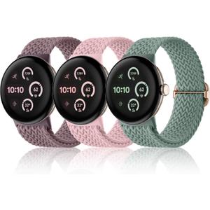 Maledan Braided Stretchy Band - Compatible with Google Pixel Watch 2 1 3 41mm Band - 3 Pack Soft Nylon Accessories Sport Strap for Women & Men (Fit for 5.51"-8.66" (140mm-220mm) wrist, 04-Smoke violet/Light pink/Pine green)