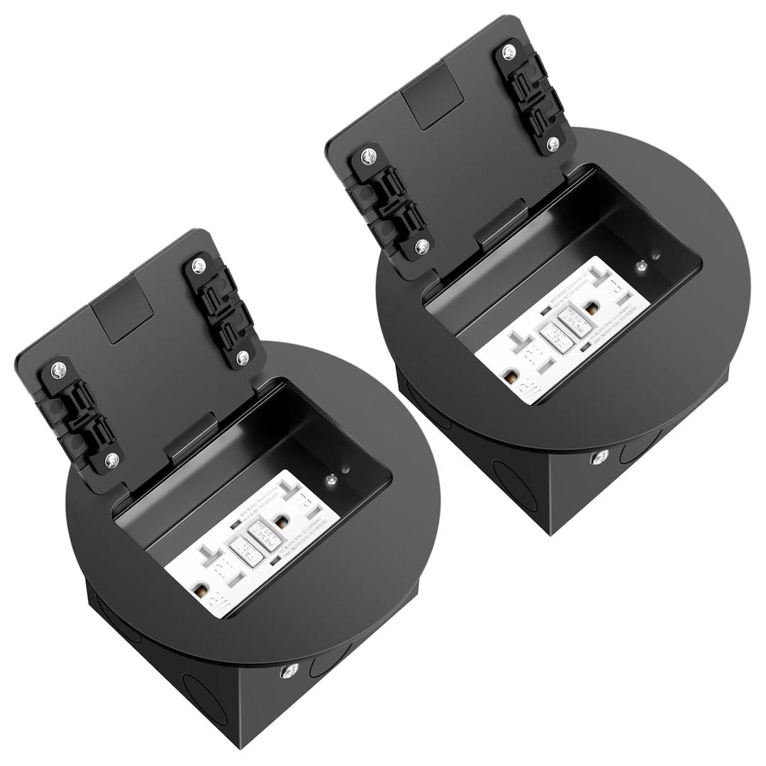 Recessed Floor Outlet 1-Gang with 20 Amp GFCI Tamper Resistant Receptacles Round Hidden Outlet Kit Electrical Waterproof Cover Box for Home Renovation, UL Certified, Black(2 Pack)