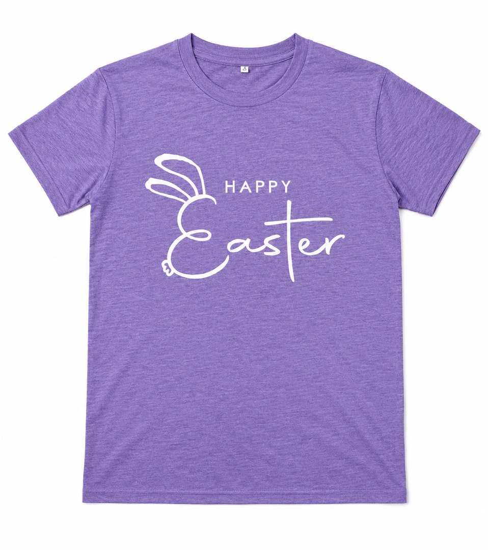 Women’s Purple Happy Easter Graphic T-Shirt, Short Sleeve Bunny Print Tee, Size Small