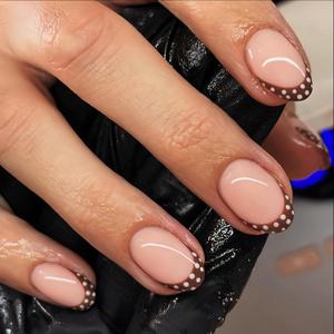 SXVME Polka Dot Press On Nails Short, Brown French Tip Press On Nails Oval, Fake Nails with Designs, Cute White Polka Dot Nail Press ons Round, Reusable Soft Gel Glue On Nails for Women, 24 Pcs