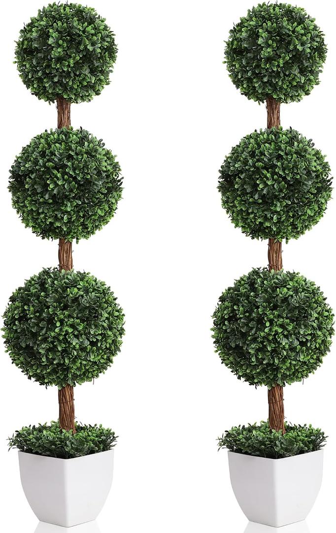 Damomo Artificial Topiaries Ball Trees Outdoor, 3.6ft Faux Boxwood Plants Topiary Triple Ball Tree(2 PCS), Fake Shrubs Trees Potted Decorative Indoor Porch or Garden43inch