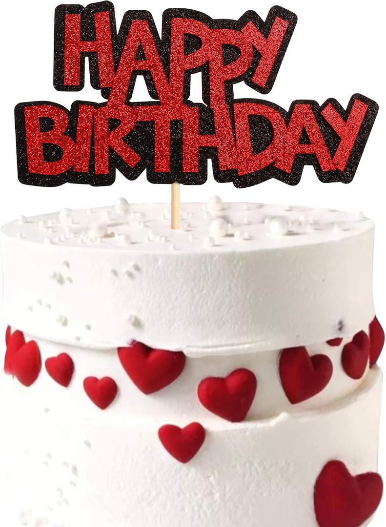 Ercadio 1 Pack Double Layers Happy Birthday Cake Topper Black and Red Glitter Celebrating Birthday Cake Pick Baby Shower Kids Birthday Party Horror Theme Decorations Supplies, 1 Count