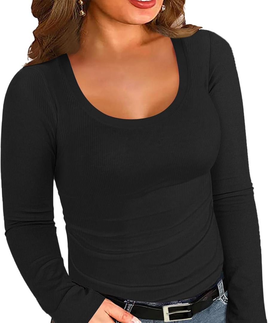 Chulianyouhuo Plus Size Womens Long Sleeve Shirts Scoop Neck Ribbed Knit Slim Fitted Tops Casual Basic Tee 2025 Fall Outfits (1X, Black)
